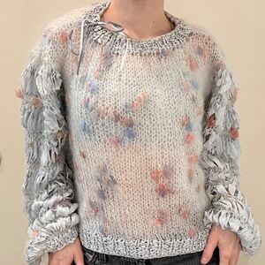 VTG 80s Audlin Mohair Blend Open Knit Ribbon Sleeve Sweater Blue Pastel Granny M